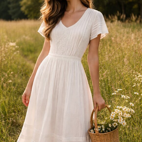 Dresses & Skirts - Urban Outfitters Cream Boho Cottagecore Dress | Embroidered Pintuck dress Size 0